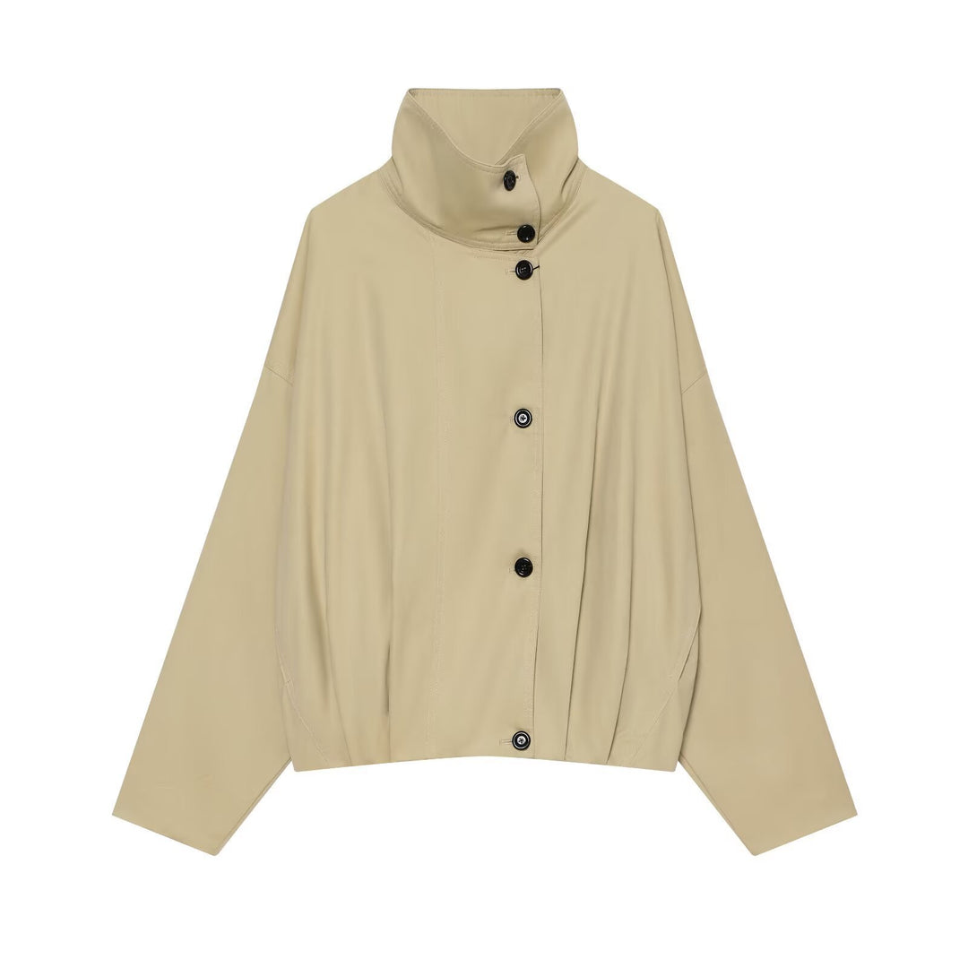 Damen Kurze wasserabweisende Cape‑Jacke mit hohem Stehkragen und verdeckter Knopfleiste Drune