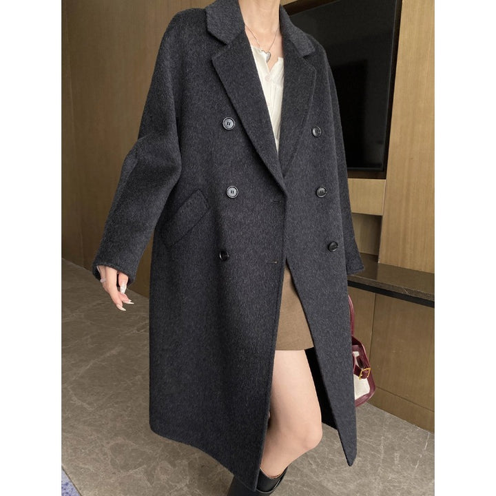 Damen eleganter Wollmantel mit doppelter Knopfleiste und geradem Schnitt Drune