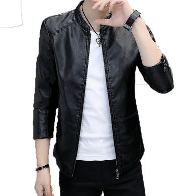 Herren Modische Kunstlederjacke mit stehendem Kragen Drune