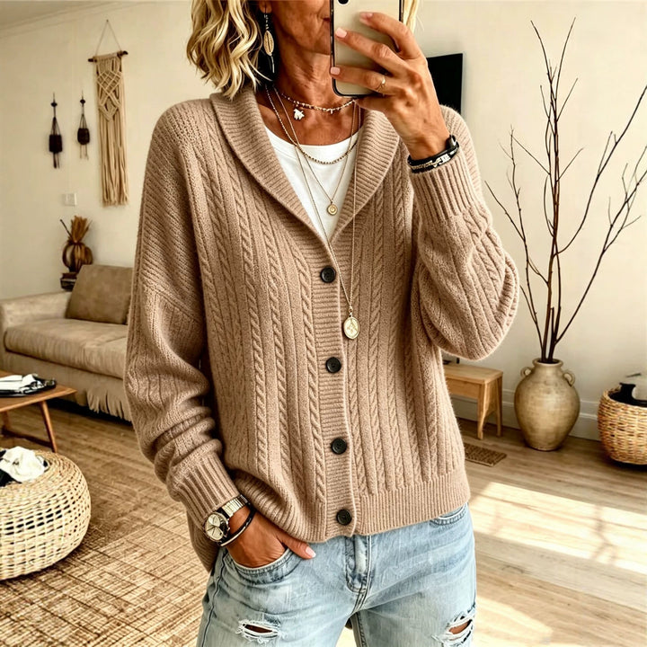 Damen Langer Schalkragen-Cardigan aus Zopfmuster mit gerippten Bündchen Drune
