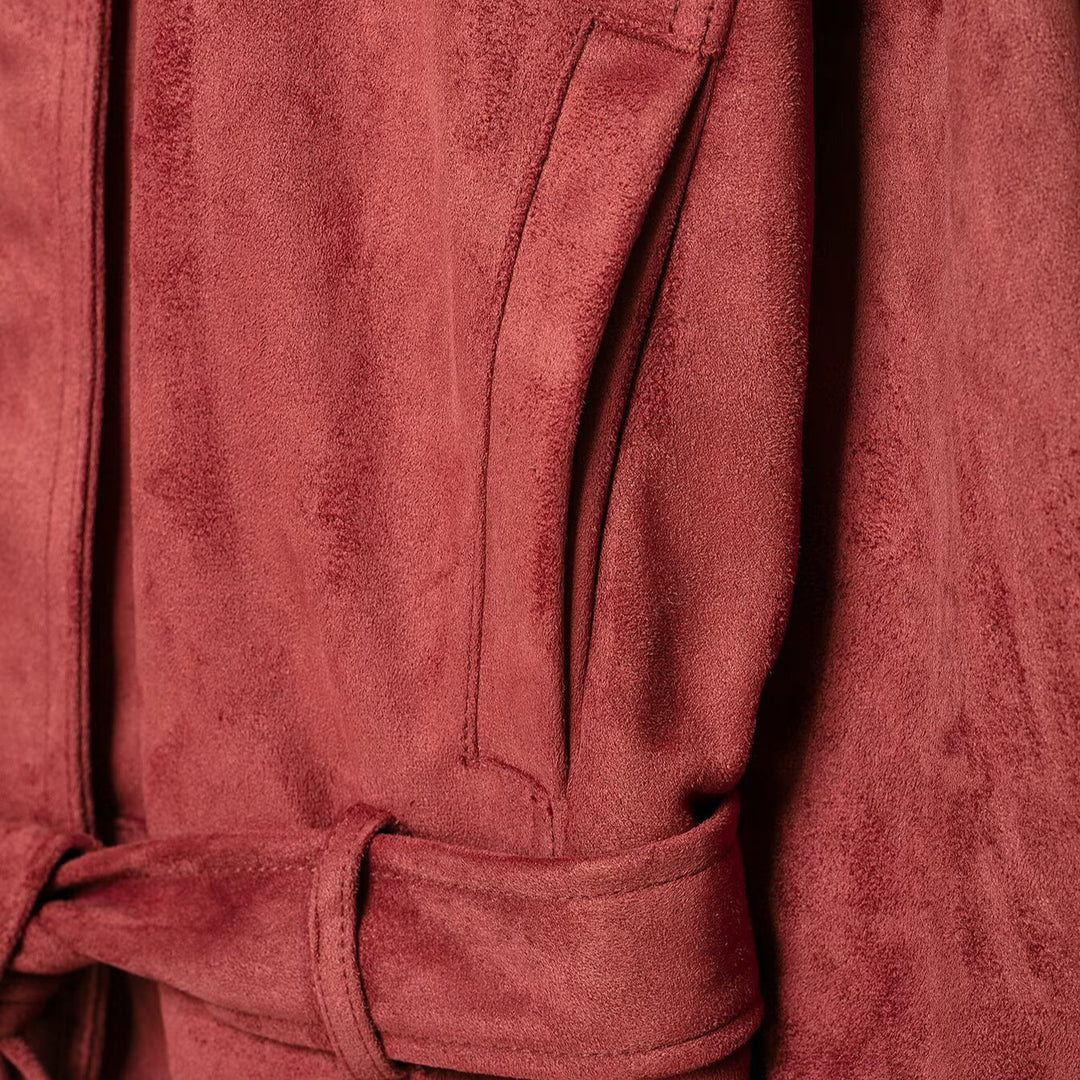 Damen Kimonoinspirierte Veloursjacke mit Bindegürtel und hohem Stehkragen Drune