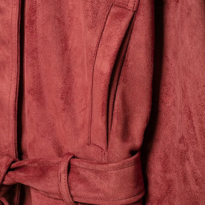 Damen Kimonoinspirierte Veloursjacke mit Bindegürtel und hohem Stehkragen Drune