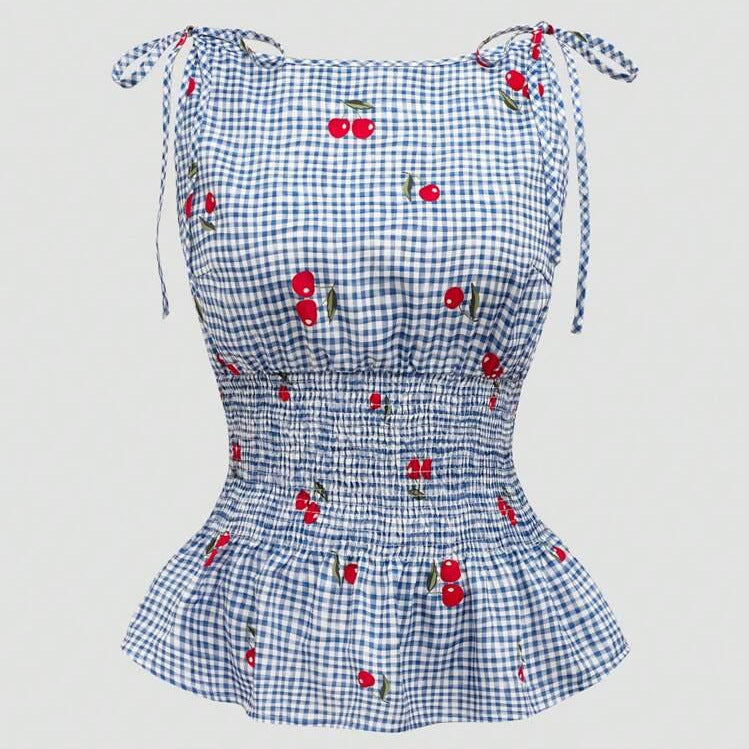 Damen Bluse mit floralem Karo-Muster und Rüschensaum Drune