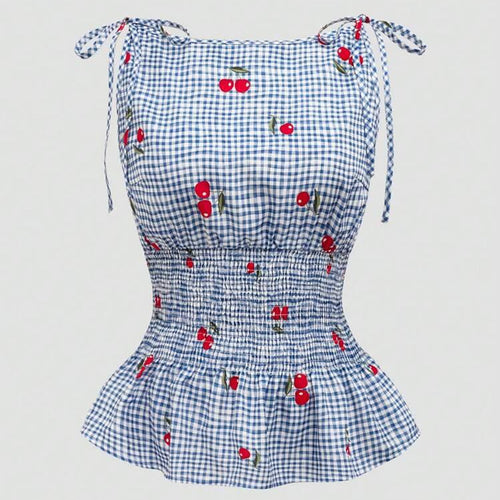 Damen Bluse mit floralem Karo-Muster und Rüschensaum Drune