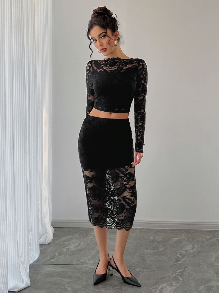 Damen nan zweiteiliges Spitzenensemble mit bauchfreiem Langarmoberteil und tailliertem Midirock Drune