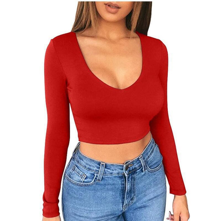 Damen modisches Crop-Top mit tiefem V-Ausschnitt und langen Ärmeln Drune