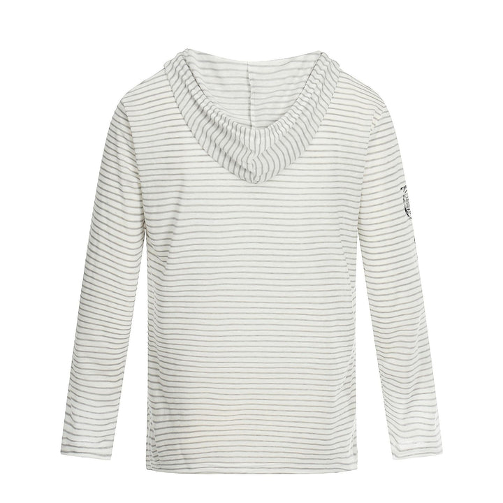 Damen Leichtes Kapuzen-Longsleeve mit V-Ausschnitt, Streifenmuster und Vintage-Print Drune
