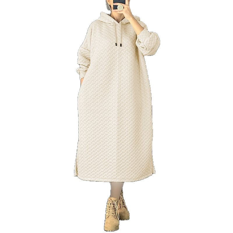 Damen lässiges Sweatshirt-Kleid mit Kapuze und seitlichen Schlitzen Drune
