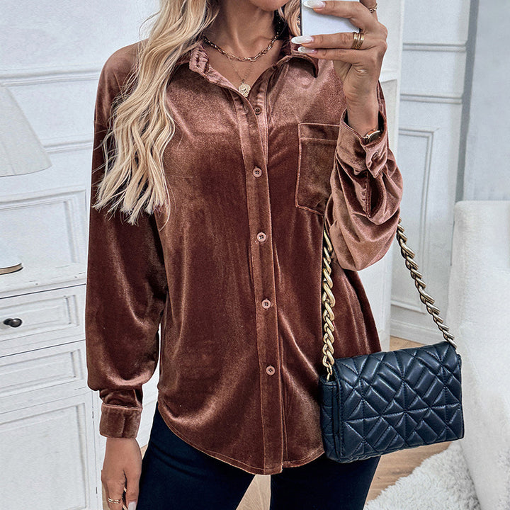 Damen Elegante Samt Bluse mit Knopfdetails Drune