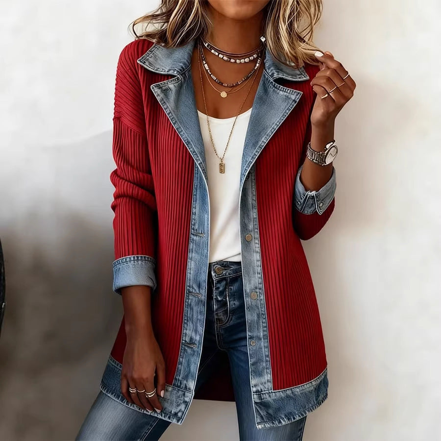 Damen Langer Strickmantel mit Denim-Kragen Drune