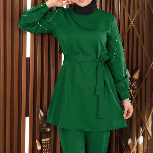 Damen Elegantes zweiteiliges Tunika-Set mit Taillengürtel und Zierärmeln Drune