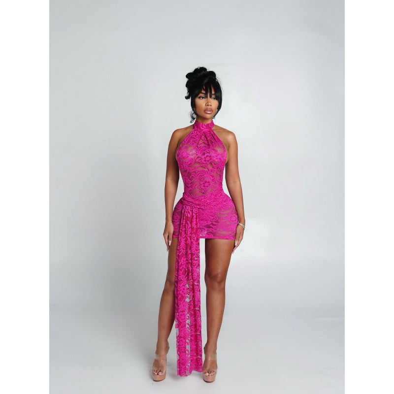 Damen Neckholder Minikleid mit raffiniertem Spitzenmuster und asymmetrischem Saum Drune