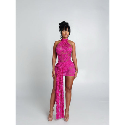 Damen Neckholder Minikleid mit raffiniertem Spitzenmuster und asymmetrischem Saum Drune