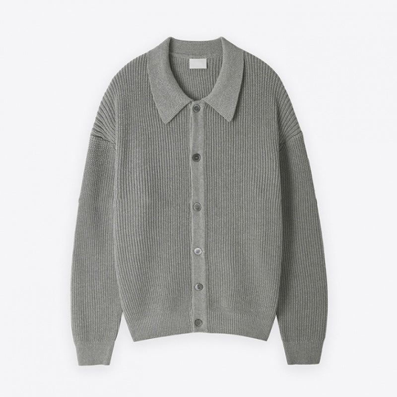 Unisex Grobgerippte Strickjacke mit Hemdkragen und durchgehender Knopfleiste Drune