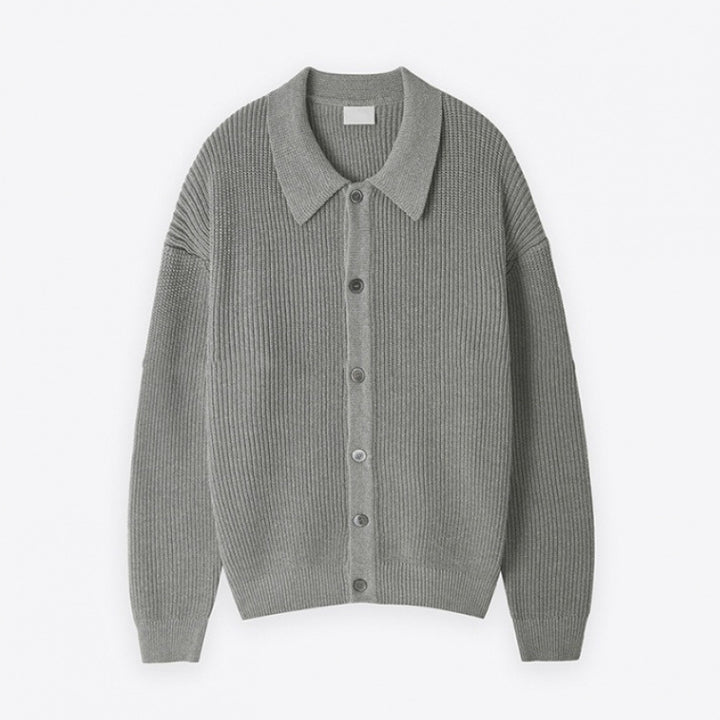 Unisex Grobgerippte Strickjacke mit Hemdkragen und durchgehender Knopfleiste Drune