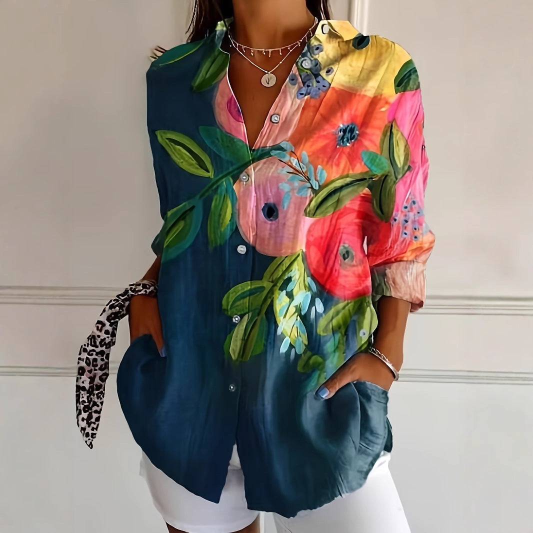 Damen Künstlich Gemustertes Button-Up Hemd Drune