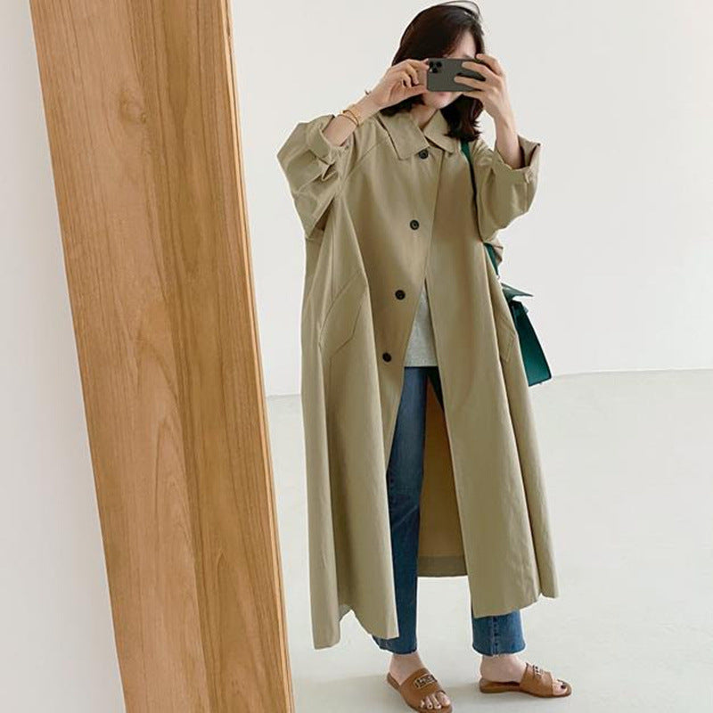 Damen Langer Baumwollmix‑Swingcoat im Oversize‑Look mit überschnittener Schulter und aufgesetzten Taschen Drune