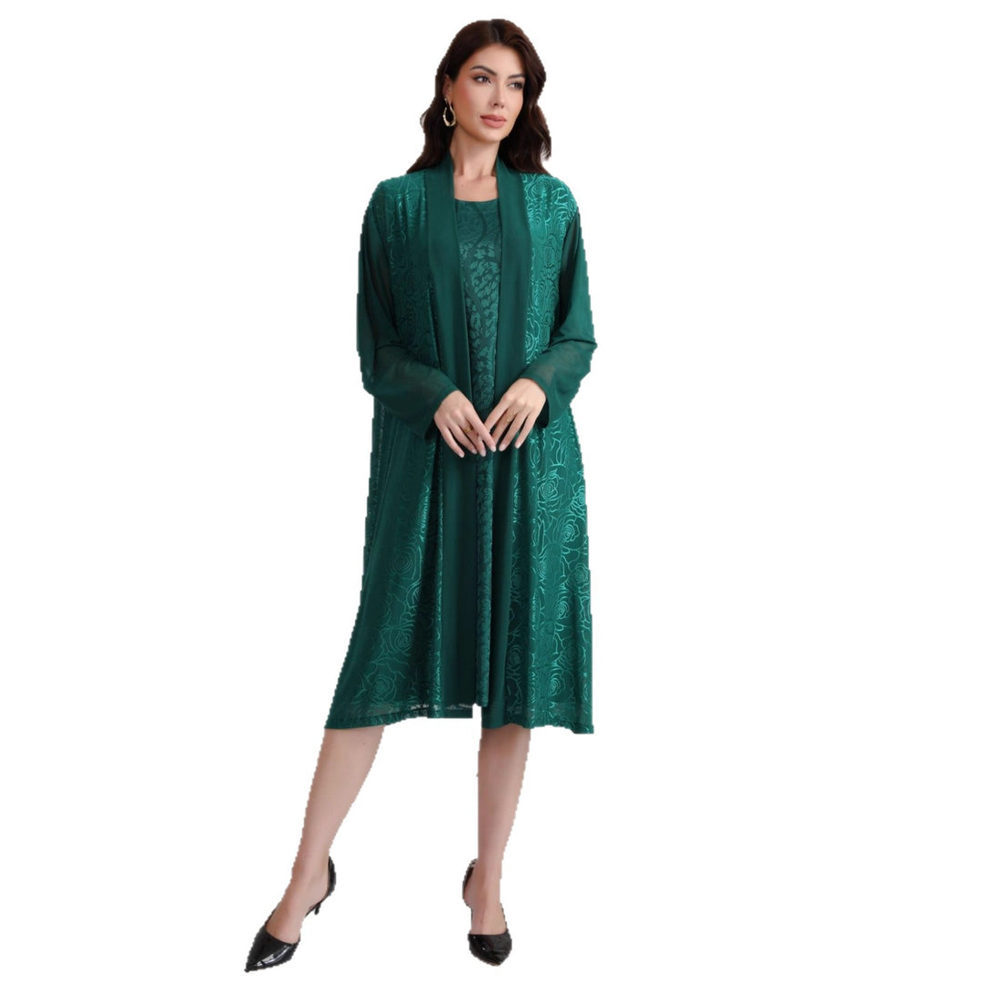 Damen Zweiteiliges Midikleid-Set mit floralem Jacquard-Overlay und offenem Mantel Drune