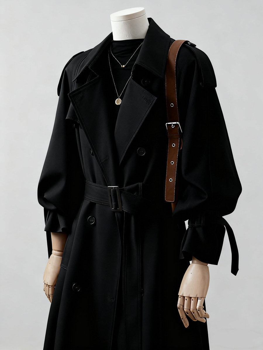 Damen langer doppelreihiger Trenchcoat mit Schulterklappen und Taillengürtel Drune
