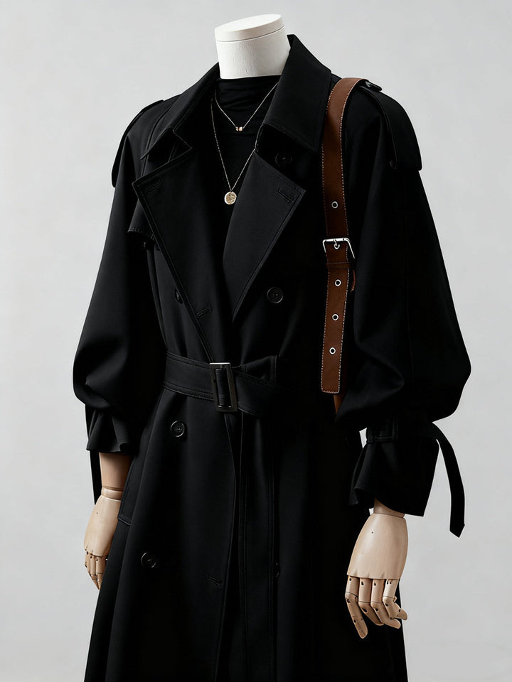 Damen langer doppelreihiger Trenchcoat mit Schulterklappen und Taillengürtel Drune