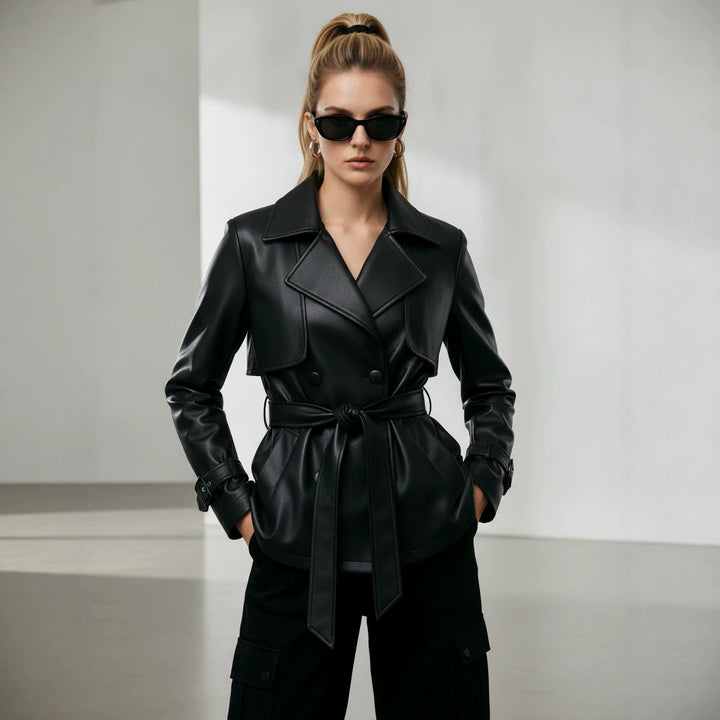 Damen Elegante Kunstlederjacke mit Gürtel Drune