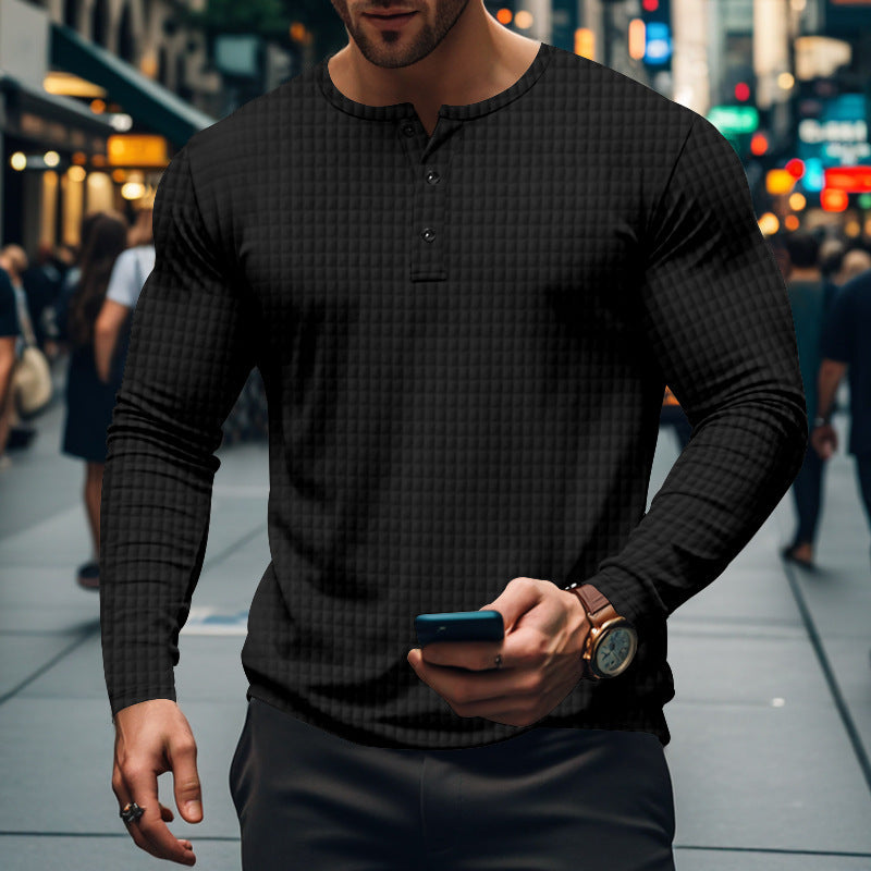 Herren nan figurbetontes Langarmshirt mit Rundhals-Knopfleiste und Waffelstruktur Drune