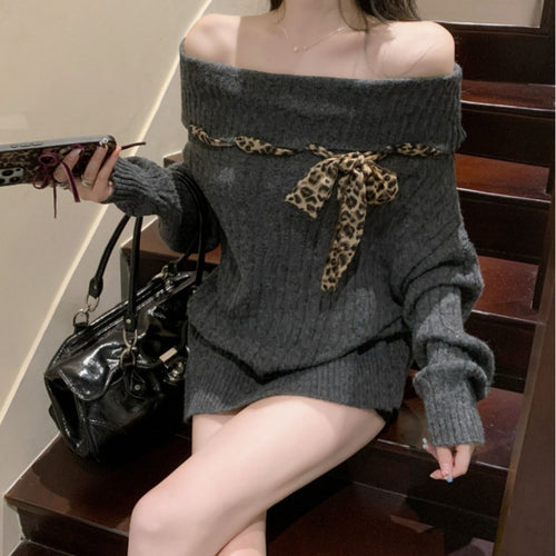 Damen Grobstrickpullover mit offener Schulter und verspieltem Schleifenakzent Drune