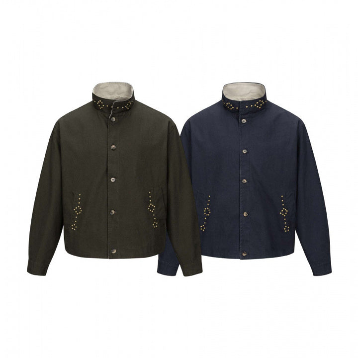 Herren Kurz geschnittene kastige Canvas‑Jacke mit Nietenbesatz und Stehkragen Drune
