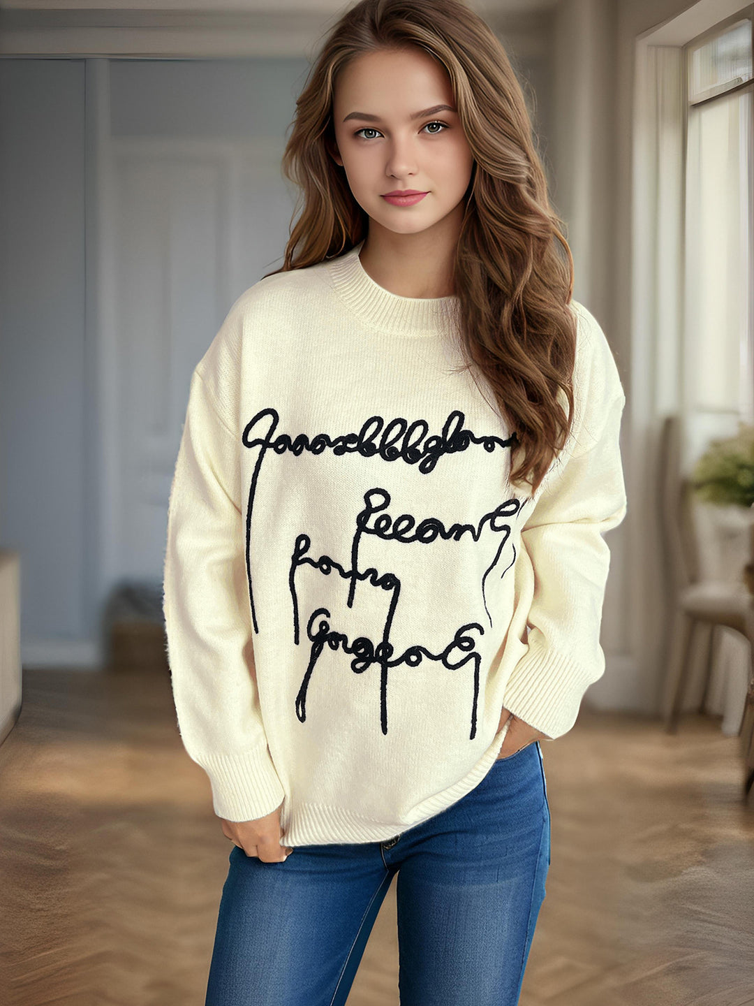 Damen lässiger Pullover mit kreativem Schriftzug Drune