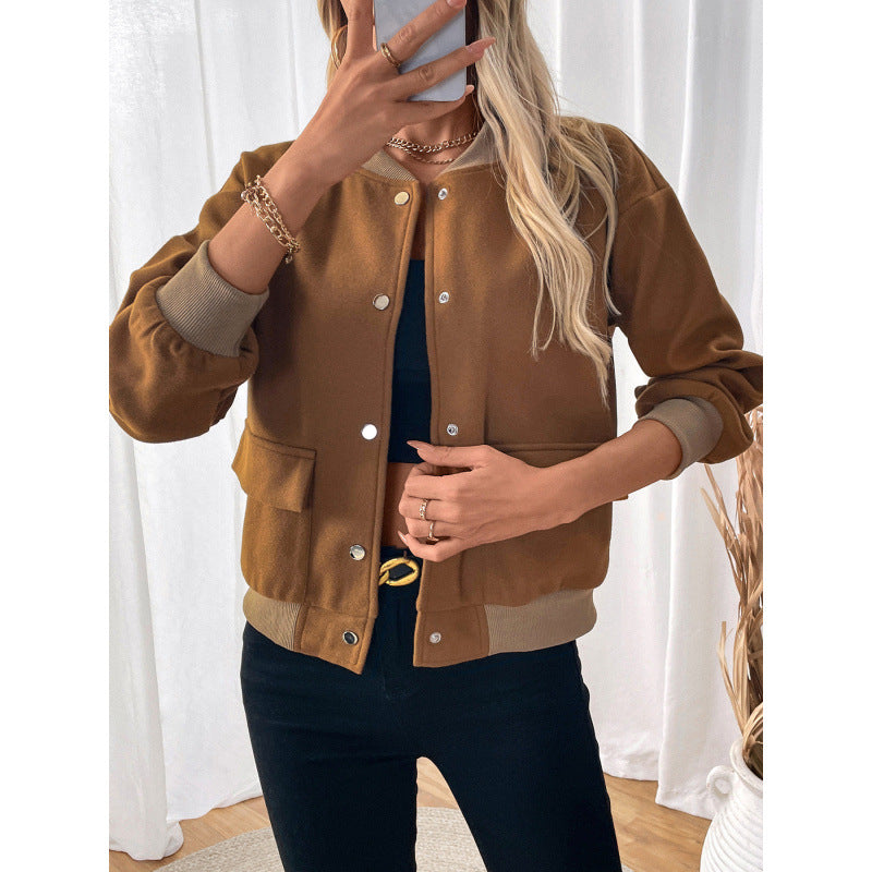 Damen modische Overshirt-Jacke mit Druckknopfverschluss und seitlichen Taschen Drune