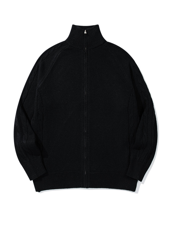 Herren Grobstrick‑Zipjacke mit Funnelkragen, Raglanärmeln und Zopfmuster Drune