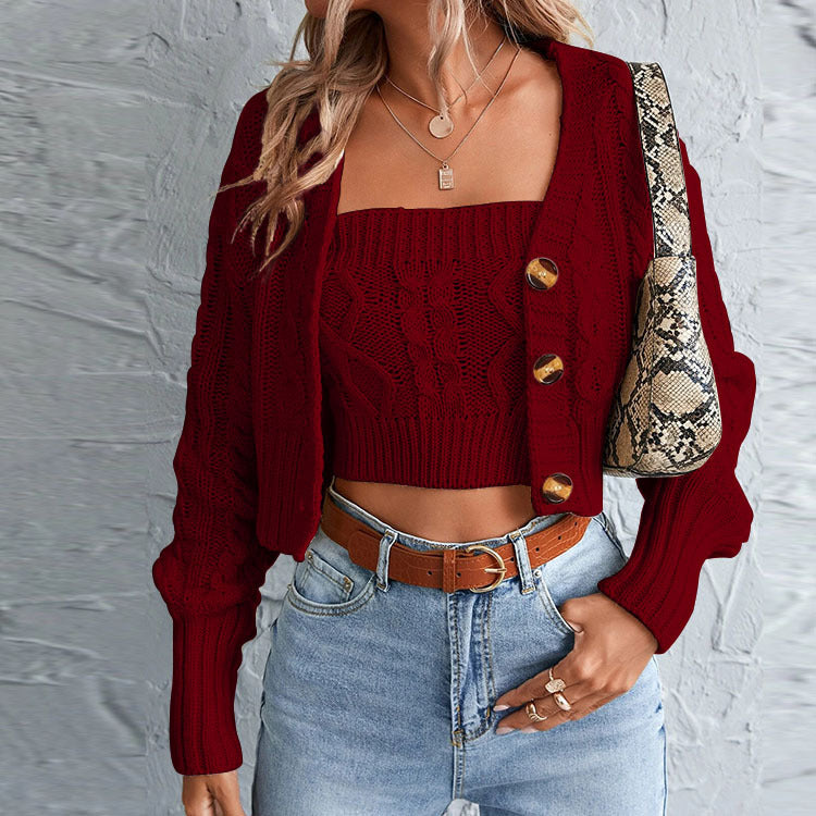 Damen lässiges Strick-Set mit offener Jacke und Crop-Top Drune