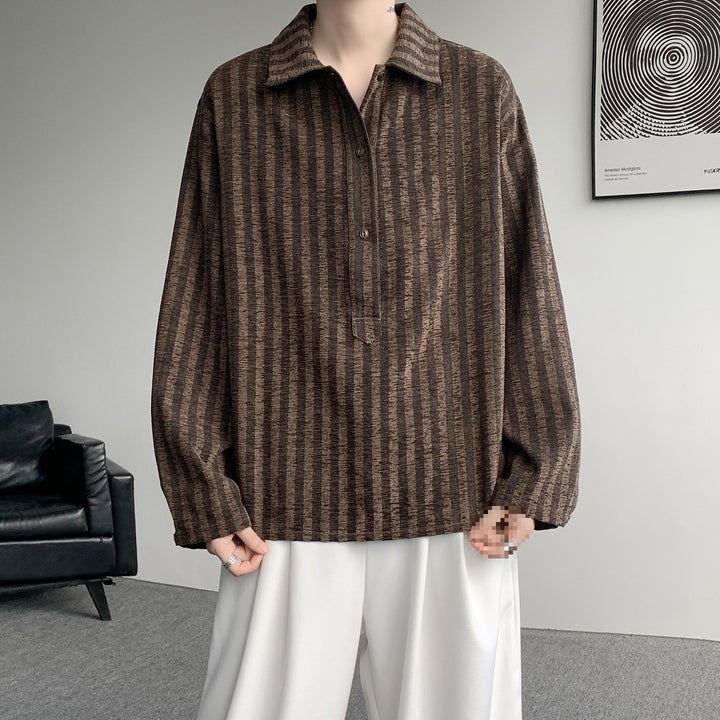 Herren Oversize Langarm-Hemd mit Polokragen, gestreifter Struktur & halber Knopfleiste Drune