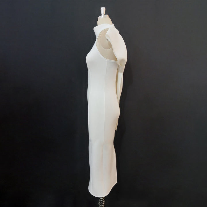 Damen Elegantes Midi-Kleid mit asymmetrischem Halsausschnitt und innovativem Rüschendetail Drune
