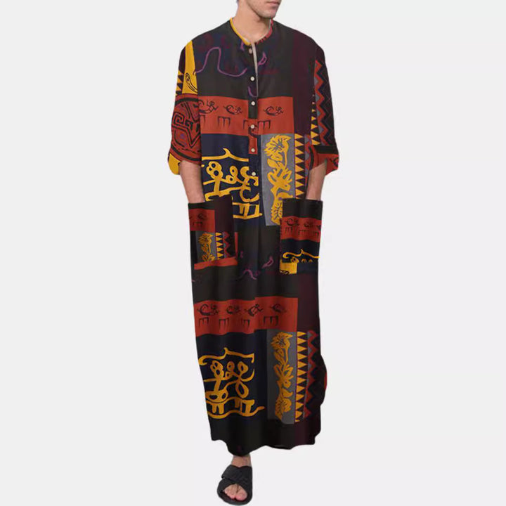 Damen nan Ethno-Maxikleid mit Stehkragen, kurzer Knopfleiste, überschnittenen Ärmeln und A-Linien-Schnitt Drune