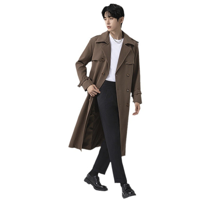 Herren Moderner Maxilanger Doppelreihiger Trenchcoat mit klassischem Revers und verstellbaren Manschetten Drune