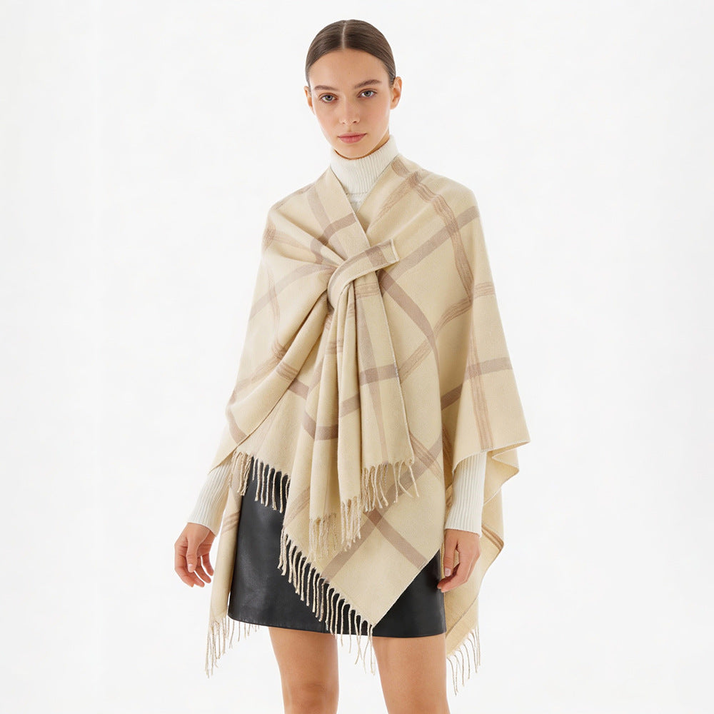 Damen Cape‑Poncho mit integriertem Bindegürtel, kastiger Oversize‑Silhouette und Fransensaum Drune