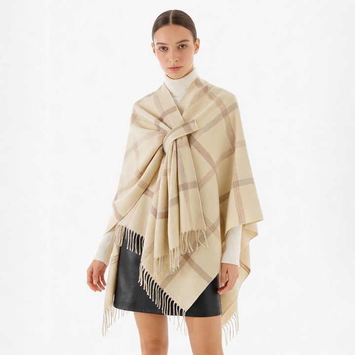 Damen Cape‑Poncho mit integriertem Bindegürtel, kastiger Oversize‑Silhouette und Fransensaum Drune