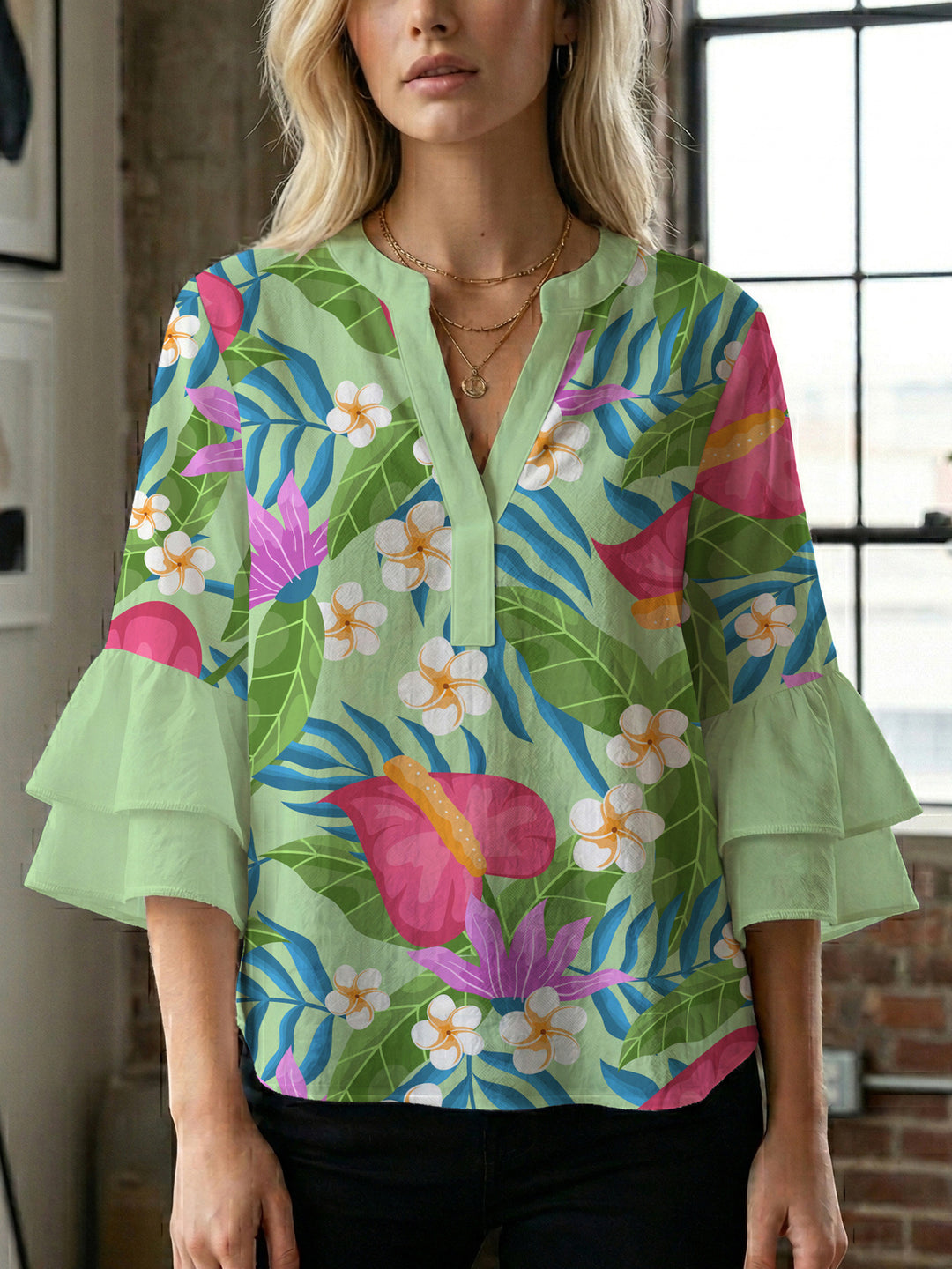 Damen Bluse mit voluminösen Rüschenärmeln und floralem Muster Drune