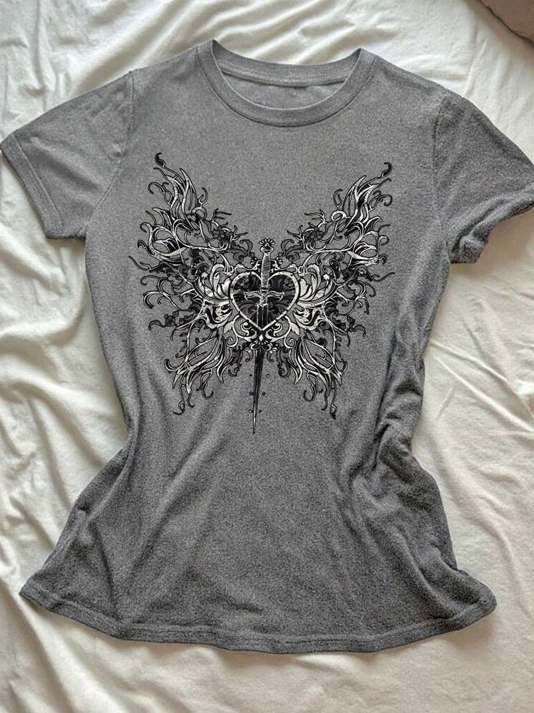 Damen T-Shirt mit künstlerischem Schmetterlingsdesign und herzförmigem Akzent Drune