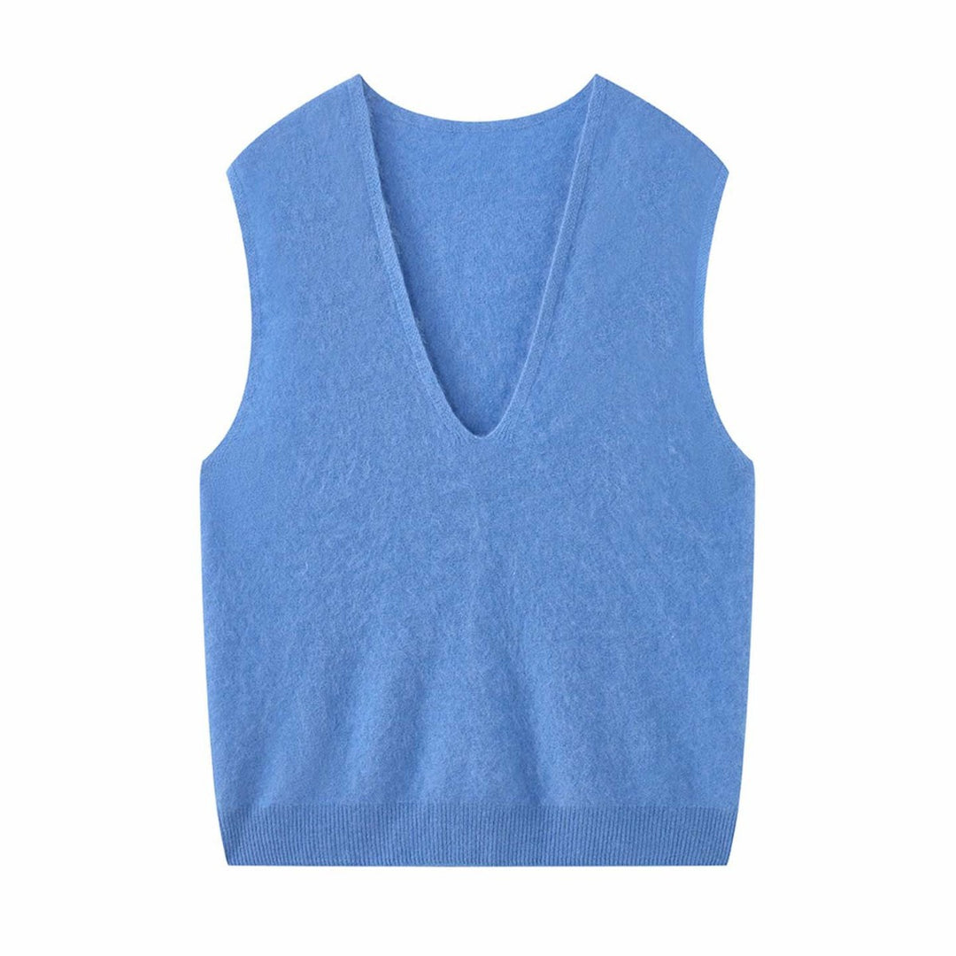 Damen Ärmellose V‑Ausschnitt Strickweste in Mohair‑Optik mit entspanntem Schnitt Drune