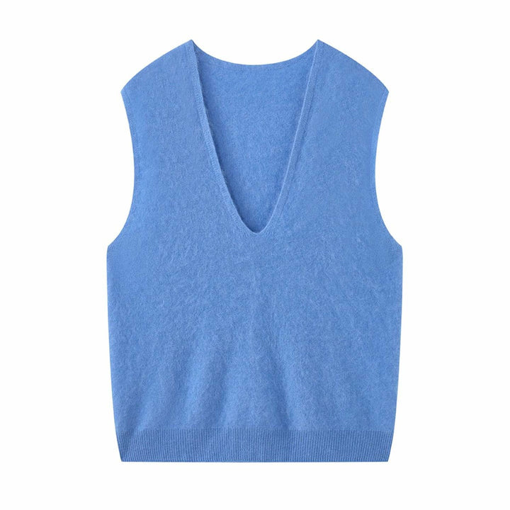 Damen Ärmellose V‑Ausschnitt Strickweste in Mohair‑Optik mit entspanntem Schnitt Drune