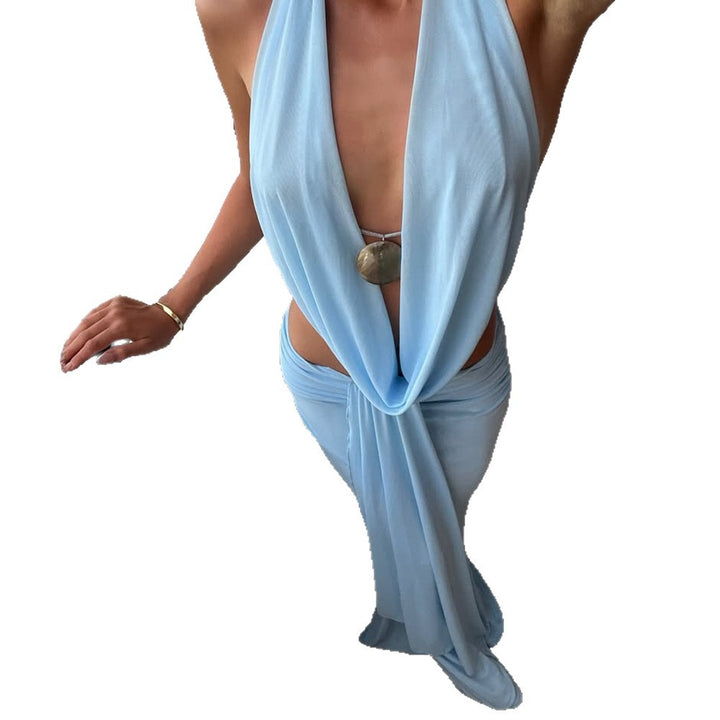 Damen Elegantes und raffiniertes Maxikleid mit tiefem Ausschnitt und Drapierung Drune