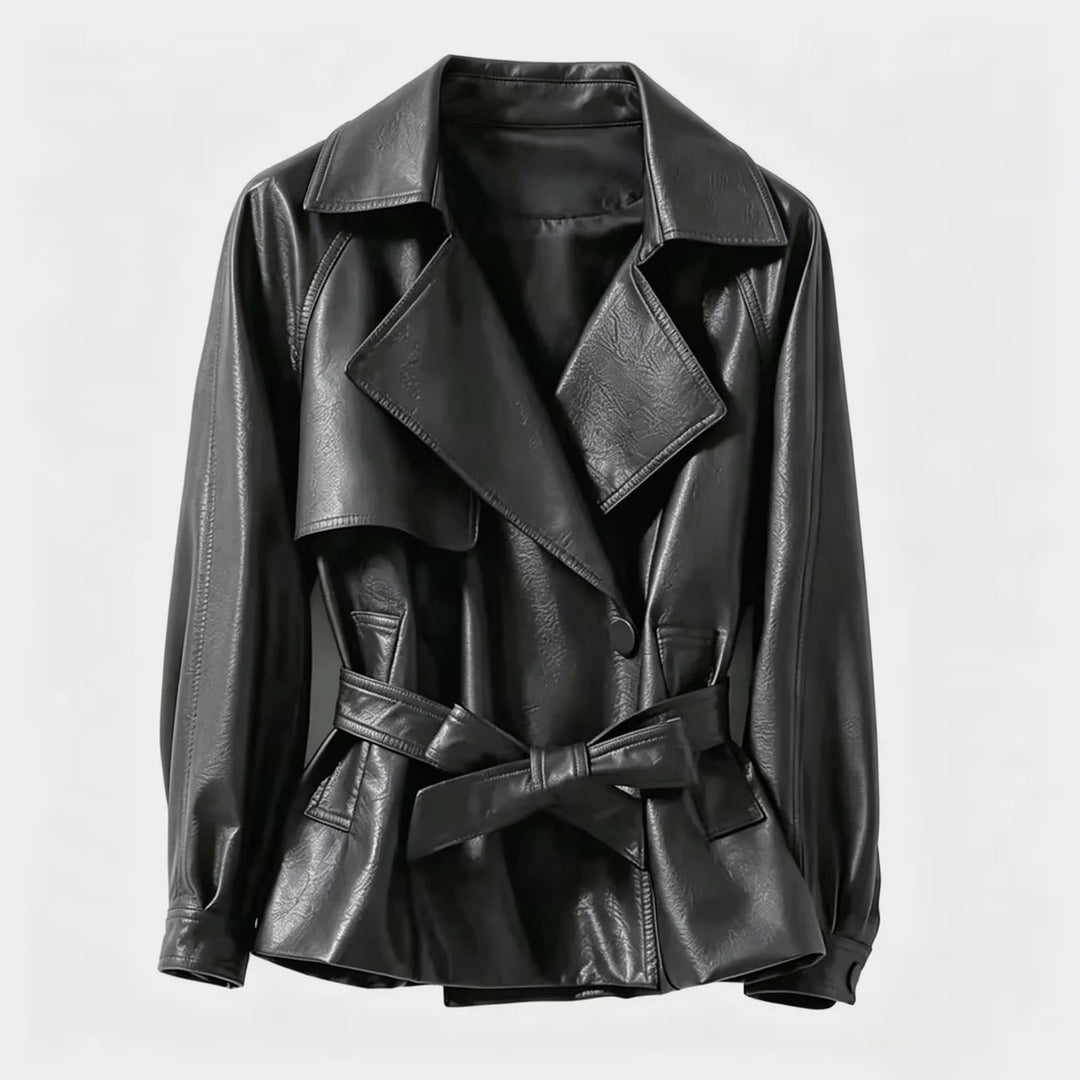 Damen nan taillierter Trenchcoat aus veganem Lederimitat mit weitem Revers und Bindegürtel Drune