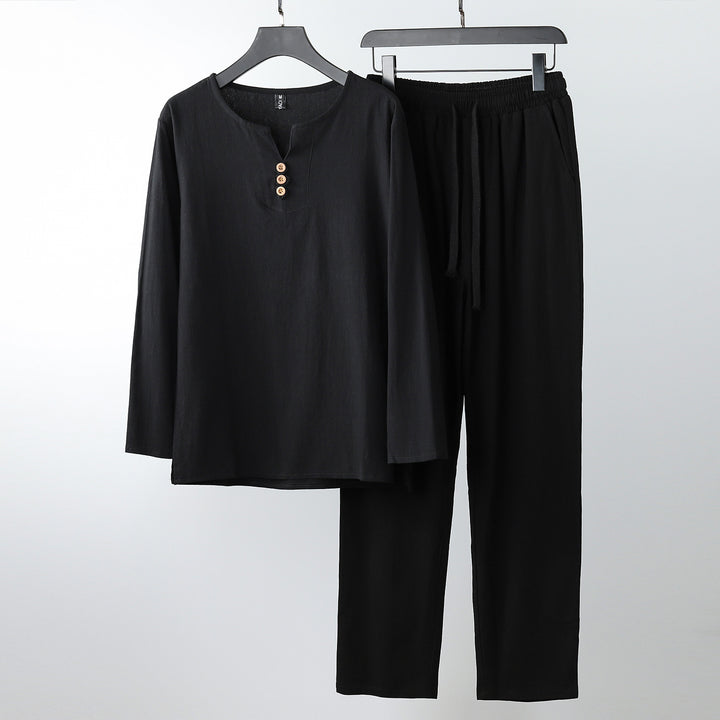 Damen Komfortables Baumwoll-Loungewear-Set mit Henley-Ausschnitt und Kordelbundhose Drune