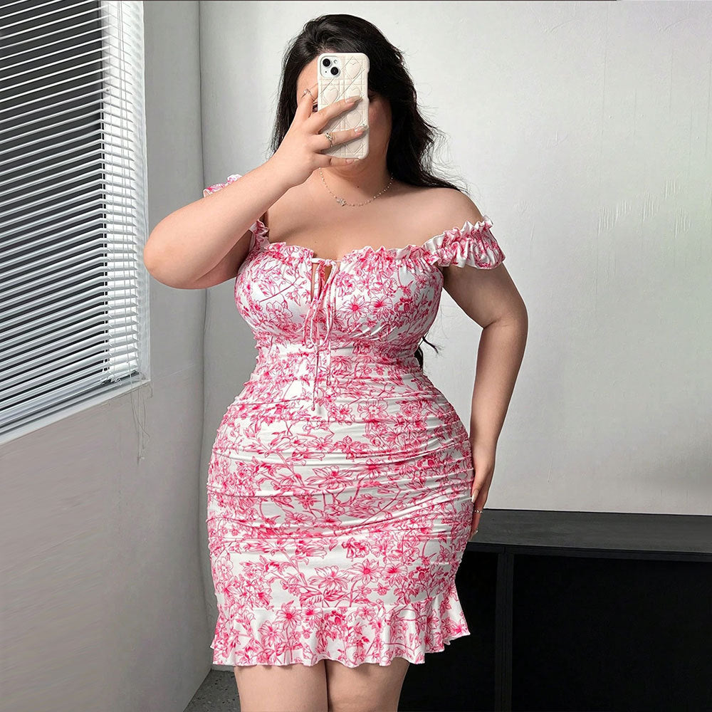 Damen Figurbetontes Minikleid mit Rüschendetails und floralem Muster Drune