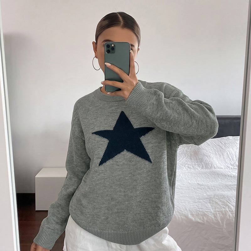 Damen Relaxed-Strickpullover mit Stern-Intarsie, Rundhalsausschnitt & lässigem Sitz Drune