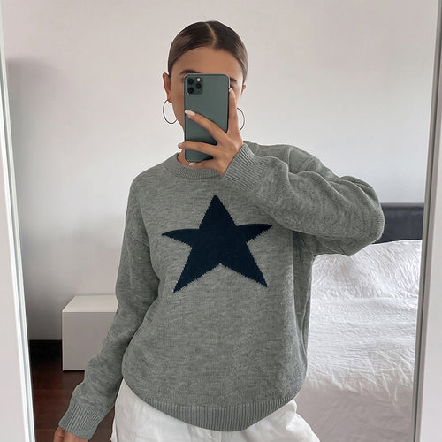 Damen Relaxed-Strickpullover mit Stern-Intarsie, Rundhalsausschnitt & lässigem Sitz Drune