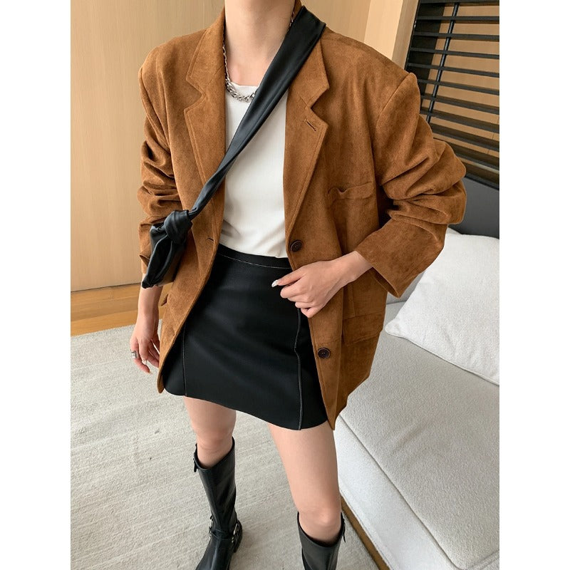 Damen lässige Oversized-Blazerjacke aus weichem Wildleder Drune