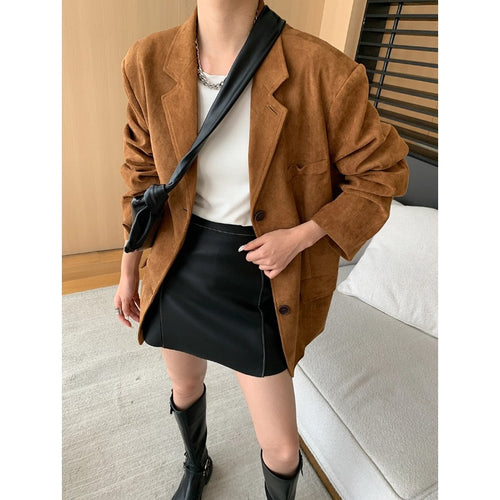 Damen lässige Oversized-Blazerjacke aus weichem Wildleder Drune